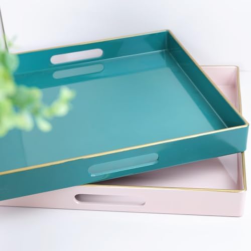 Spsyrine Pink Decorative Serving Tray with Handles, 13" X 13" Square Plastic Coffee Table Tray for Ottoman, Living Room, Bathroom, Home Decor. - Image 3