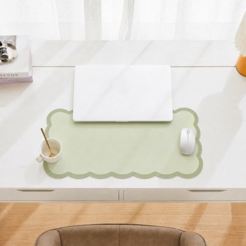 Scalloped Desk Mat, 23.6" x 11.8" Large Cute Sage Green Aesthetic Desk Accessories, PU Leather Computer Laptop Desk Mouse Keyboard Pad, Desk Writing Mat for Vanity/Work/Home Decor - Image 2