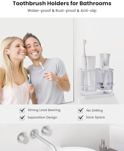 KONE Clear Toothbrush Holders for Bathroom, 2 Cups Wall Mounted, Dry & Wet Separation, Organizers and Storage Set for Family Kids - Image 3