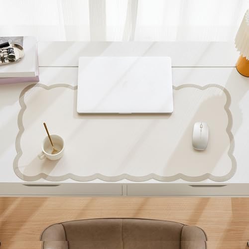 Scalloped Desk Mat, 31.5" x 15.7" Large Cute Aesthetic Desk Accessories, PU Leather Computer Laptop Desk Mouse Keyboard Pad, Desk Writing Mat for Vanity/Work/Home Decor (Beige, 31.5" x 15.7") - Image 3