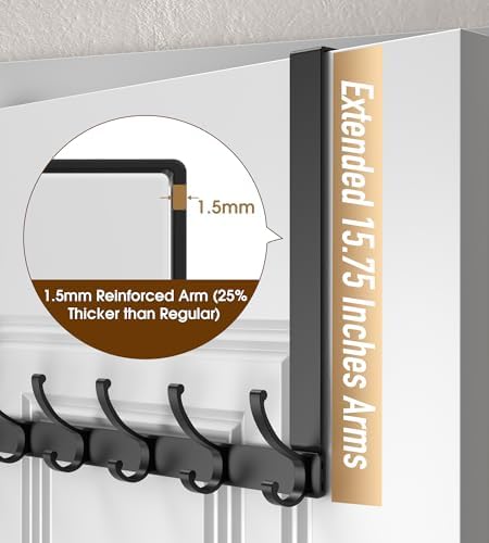 KitchLife Long Over The Door Hooks Hanger with 15.75 inches Extended Arms, Fits 1 3/8" Doors, F40U, 6 Double-Hanger Design Thickened Heavy Duty Bathroom Towel Rack Organization, Matte Black, 1 Pack - Image 6