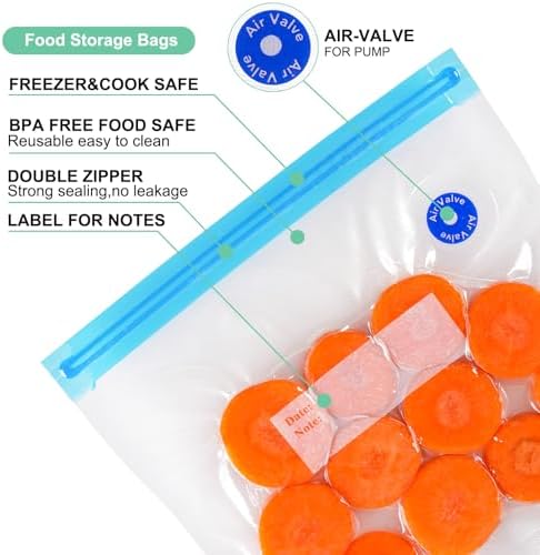Sous Vide Bags 31 Pcs (24 Pcs Vacuum Zipper Bags & 2 Seal Clips & 5 Air Valves),Reusable BPA Free Vacuum Sealer Bags Vacuum Food Storage Bags for Cooking/Food Storage/Microwave Heating - Image 3
