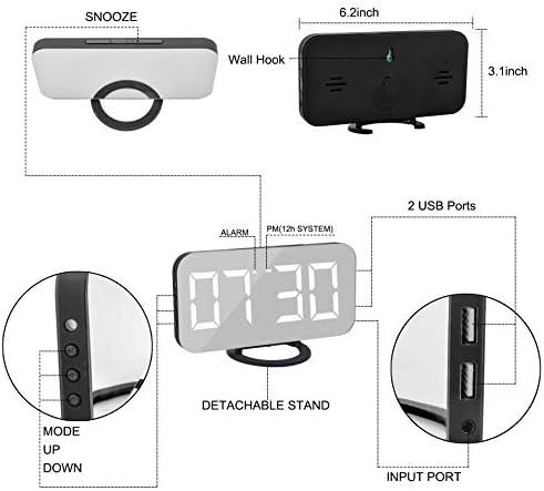 SZELAM Digital Clock Large Display, LED Alarm Electric Clocks Mirror Surface for Makeup with Diming Mode, 3 Levels Brightness, Dual USB Ports Modern Decoration for Home Bedroom Decor-Black - Image 4