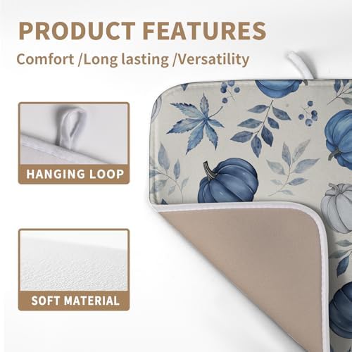 Fall Dish Drying Mat Blue Pumpkin Maple Leaves Drying Mats for Kitchen Counter 16x18 Inch Autumn Thanksgiving Absorbent Microfiber Dish Draining Mat Dishes Pad with Hanging Loop - Image 3