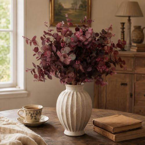 6Pcs 30in Fall Burgundy Artificial Eucalyptus Leaves Stems by FUNORNAM
