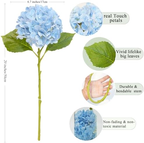 Jahe 4 Pcs Hydrangea Artificial Flowers, 20'' Tall Large Bloom Faux Hydrangea Flowers,Real Touch Fake Flowers, Bouquet Home Wedding Part Decor, DIY Floral Arrangement, Light Blue - Image 2
