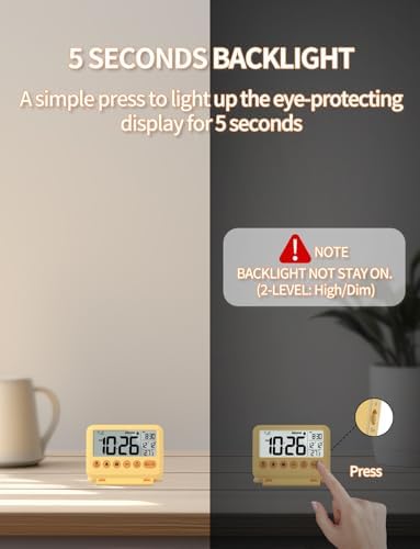 Digital Travel Alarm Clock - 3.54 inch LCD Display, 9-Minute Snooze, 2 Volume Levels, Backlight, Battery Included (Yellow) - Image 4