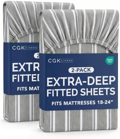 CGK Linens 2 Pack Extra Deep Twin Fitted Sheets - Grey Stripes by CGKUnlimited