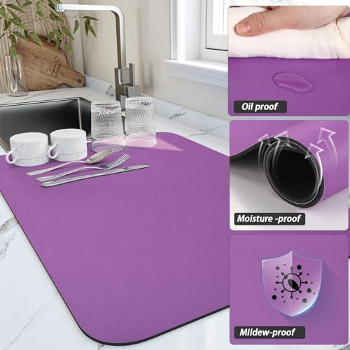 HotLive Dish Drying Mat for Kitchen Counter, Heat Resistant Drainer Mats with Non-slip Rubber Backed, Hide Stain Kitchen Super Absorbent Draining Mat, Easy to Clean Dish Rack Pad, Purple 16"x20" - Image 3