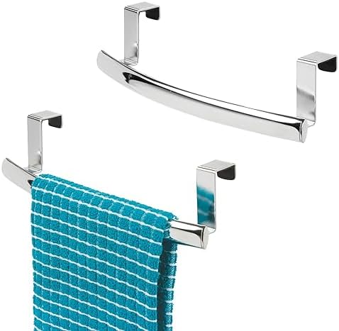 mDesign Steel Over Door Curved Towel Bar Storage, Hanger for Cabinet or Cupboard, Holder Rack for Kitchen, Bathroom - Holds Hand/Dish Towels, Washcloths - Spira Collection - 2 Pack - Chrome by mDesign