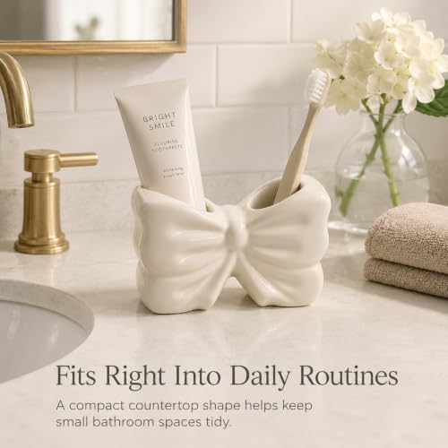 White Bow Toothbrush Holder, Ceramic 2-Slot Toothbrush and Toothpaste Organizer, Cute Bathroom Counter Storage Rack for Toothbrushes, Floss, Razors & Daily Oral Care Items - Image 5