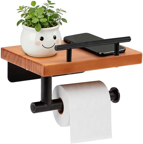 Toilet Paper Holder with Wood Shelf, Wall Mount Toilet Paper Roll Holder with Wooden Shelf and Matte Black Stainless Steel Pipe, Tissue Roll Holder for Bathroom Washroom (Light Brown, 7.9'' x 5.9'') by Unknown