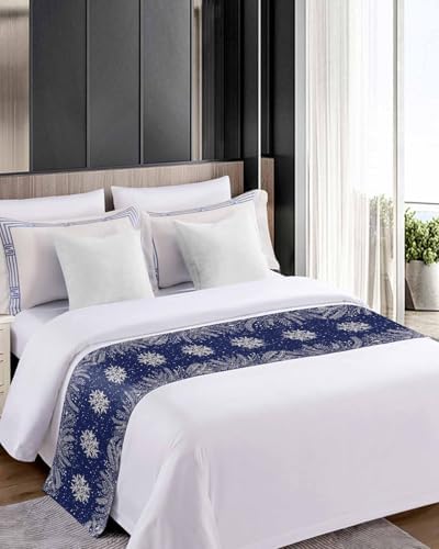 Navy Blue Christmas Bed Runners for Cal King Size Bed, Winter Snowflake Decorative Bed Throws for Foot of Bed, Xmas Botanical Bed Runner Sofa Throw Bedding Scarf Protector Slipcover for Bedroom/Hotel - Image 4