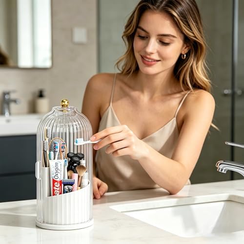 Dustproof Toothbrush Holder with Lid, 360 Rotating Countertop Electric Toothbrush Toothpaste Holders with Cover for Bathroom, 3 Slots Makeup Brush Holder with Lid for Vanity, White-Clear - Image 2