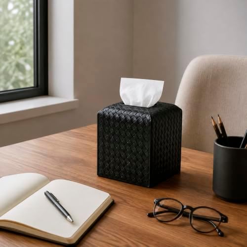 Tissue Box Cover PU Leather Tissue Holder Square Facial Tissue Case Facial Paper Organizer Dispenser for Bathroom, Vanity Countertop, Tabletop, Car, Black - Image 3