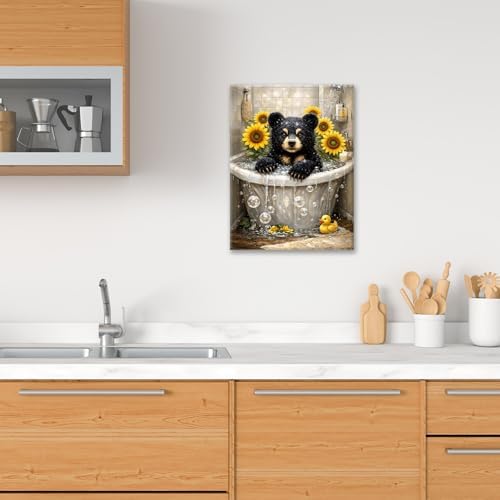 Sunflower Bear Bathroom Decor Pictures Wall Art, Funny Bear Bathroom Wall Decor, Animal Framed Painting Canvas Artwork for Bathroom Bedroom Living Room Decorations 20" L x 16" W - Image 3
