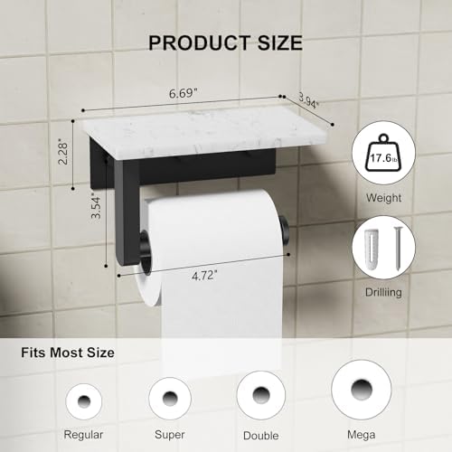 Matte Black Toilet Paper Holder with Marble Shelf Tissue Roll Holder - Image 3