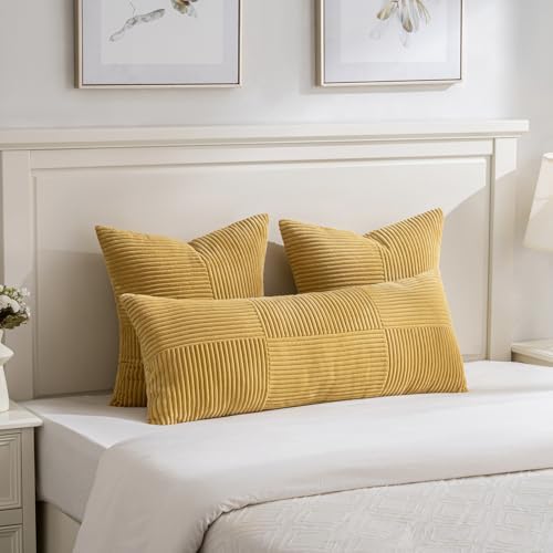 Fancy Homi 2 Packs Mustard Yellow Big Decorative Throw Pillow Covers 24x24 Inch for Living Room Couch Bed, Farmhouse Boho Home Decor, Soft Corss Corduroy Patchwork Accent Square Cushion Case 60x60 cm - Image 5