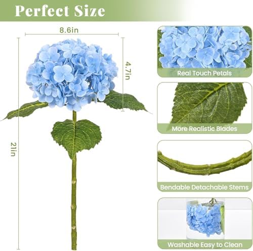 6Pcs 21in Hydrangea Artificial Flowers, Latex Real Touch Hydrangeas (Blue) - Image 4