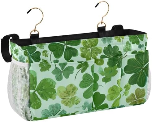 Bedside Caddy Hanging Bunk Bed Caddy Bed Organizer Hanging Pocket with 2 Hooks Bedside Storage Organizer Pocket Bag Holder Green Nature St Patrick Clovers - Image 2