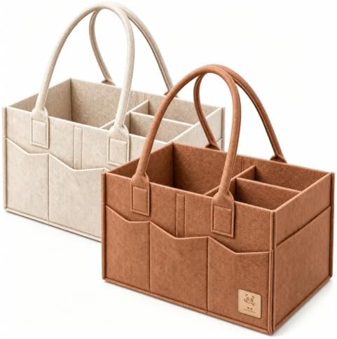 HIPHOP PANDA 2-Pack Diaper Caddy Organizer - Nursery Storage Bin & Car Organizer for Diapers, Wipes, and Baby Essentials - Dual-Color Solid Set (Caramel/Oatmeal), Regular Size by HIPHOPPANDA