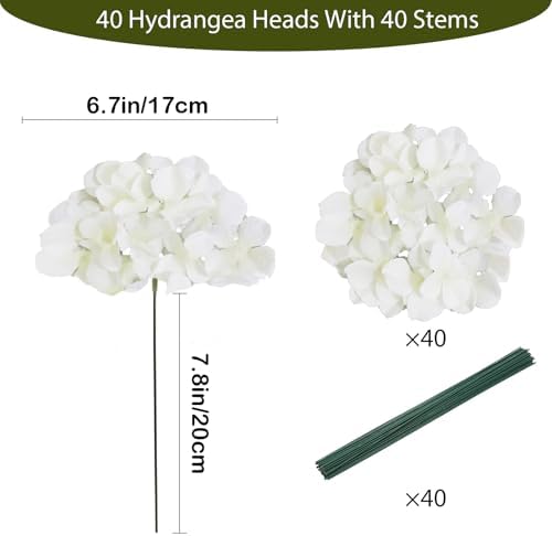 White Hydrangea Artificial Flowers Bulk, 40 Pcs Faux Hydrangea Flowers Heads, Artificial Fake Silk Hydrangea Flowers with Stems, White Flowers Artificial for Decoration Wedding Décor - Image 2