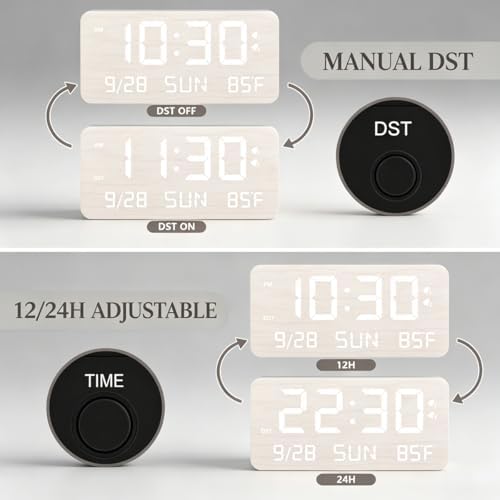 Wooden Digital Alarm Clock for Bedroom Desk Clock with Date, Day of Week, Temperature, Dual Alarms, Dimmer, USB Port Charge, DST, Adjustable Volume for Living Room/Office Wood Decor (White) - Image 7