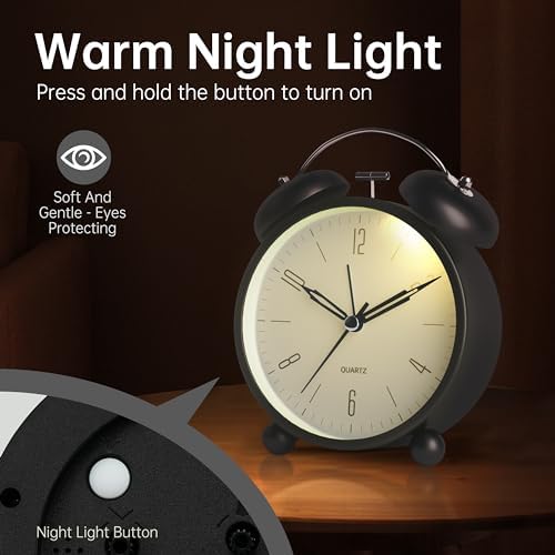 Twin Bell Loud Alarm Analog Alarm Clock, 4 inch Super Silent Non Ticking Small Clock with Night Light, Battery Operated, Simple Design, Old Fashioned, for Heavy Sleeper, Bedroom, Bedside, Desk, Black - Image 4