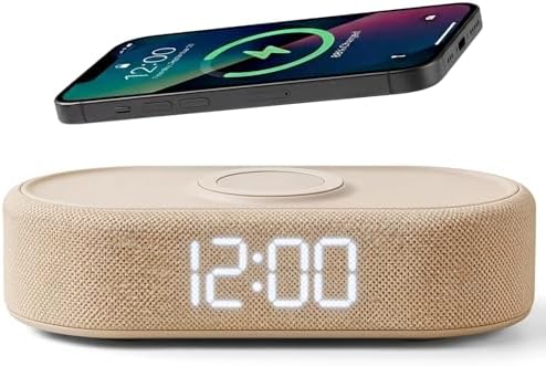 Fabric Digital Alarm Clock for Bedroom, Wireless Charging, Beige by Lumoday