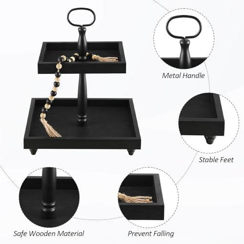 Tiered Tray Stand, Rustic Wooden 2 Tier Decorative Tray with Bead Garland, Farmhouse Square Wood Serving Tray Counter Centerpiece for Coffee Bar Home Decor Holiday Holloween Housewarming Gifts (Black) - Image 3