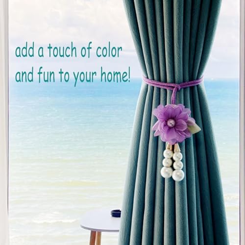Adjustable Curtain Tiebacks， 4-Pack Hand-Woven Rope with Silk Flower & Pearl， Decorative Window Cord Holders for Drapery， Long Loop Design for All Curtain Thickness (Purple) - Image 2