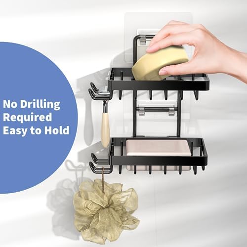 Moforoco Double Soap Bar Holder for Shower, No Drilling, 304 Stainless Steel, Wall Mounted Soap Holder with 4 Hooks and Razor Holder, Shower Rack Soap Tray Bar Soap for Bathroom Accessories Organizer - Image 2