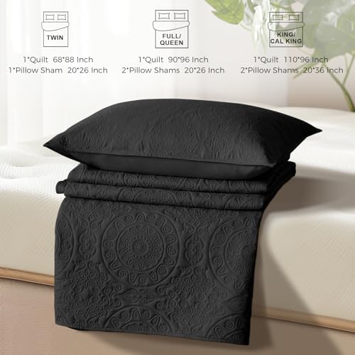 WURUIBO Black Quilt Set King/Cal King Size, Embossing Microfiber Bedspreads with Pillow Sham, Ligthweight Breathable Thin Coverlet, Reversible Bedding Set for All Season (1 Quilt, 2 Pillow Shams) - Image 7