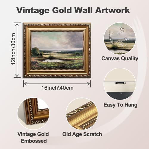 ASTRDECOR Vintage Gold Framed Mountain Wall Art Prints, Landscape Paintings Canvas Wall Art for Bedroom, Vintage Field Nature Wall Art, Rivers Green Pictures Farmhouse Wall Decor Living Room - 12''x16'' - Image 2