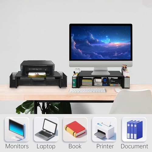Qupui Computer Monitor Stand Riser with Drawer and Pen Holders, Desk Organizer Shelf and Accessories, Office Desk Accessories, Office Organization, Black - Image 5