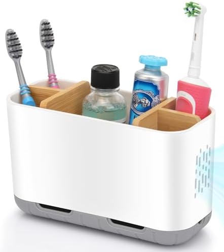 GFWARE Toothbrush Holders for Bathrooms - Bamboo Divider Toothbrush and Toothpaste Holder with Drainage, Kids Electric Toothbrush Organizer for Bathroom Countertop, White Tooth Brush Holder by GFWARE