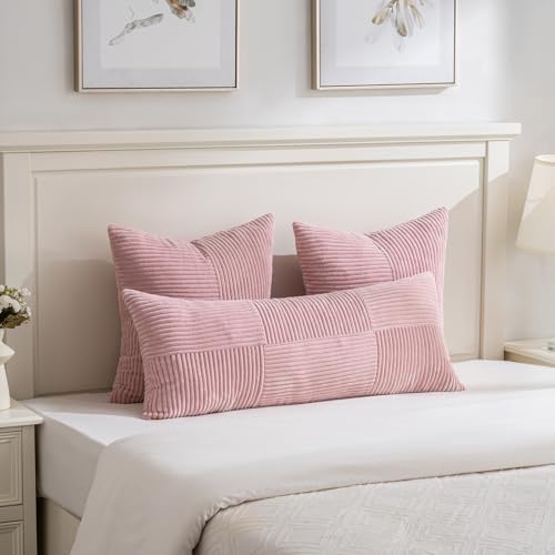 Fancy Homi 2 Packs Blush Pink Decorative Throw Pillow Covers 18x18 Inch for Living Room Couch Bed, Rustic Farmhouse Boho Home Decor, Soft Corss Corduroy Patchwork Textured Square Cushion Case 45x45 cm - Image 5