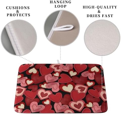 Valentine Dish Drying Mat for Kitchen Counter Red Black Love Heart Drying Pad Microfiber Absorbent Coffee Bar Mat Heat Resistant Countertop Protector Dishes Drainer Mat 18x24 Inch - Image 3
