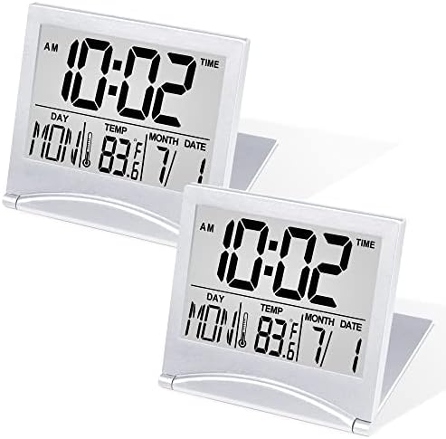 Betus Digital Travel Alarm Clock - Foldable Calendar Temperature Timer LCD Clock with Snooze Mode - Large Number Display, Battery Operated - Compact Desk Clock for All Ages (Silver Pack of 2) by Betus