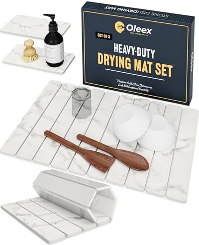 Oleex 3-Pack Stone Dish Drying Mat Set Includes 1 Large 24”x16” & 2 Small 4”x9” for Kitchen Counter-Collapsible Diatomaceous Earth Pad Absorbs Water & Dries Dishes Fast, Non-slip, Odor-Resistant Mats by OLEEXYOURKITCHENHELPER