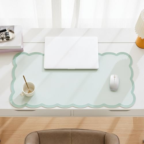 Scalloped Desk Mat, 31.5" x 15.7" Large Cute Aesthetic Desk Accessories, PU Leather Computer Laptop Desk Mouse Keyboard Pad, Desk Writing Mat for Vanity/Work/Home Decor (Sage, 31.5" x 15.7") - Image 3