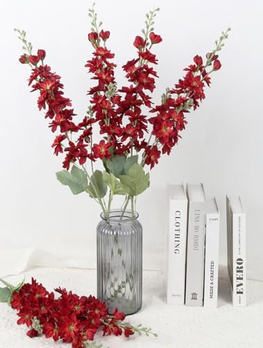 6PCS Red Delphinium Artificial Flowers 33" Larkspur Silk Flowers Long Stem Artificial Flowers for Tall Vase Wedding Centerpieces for Tables Home Decor Indoor (Red) - Image 3