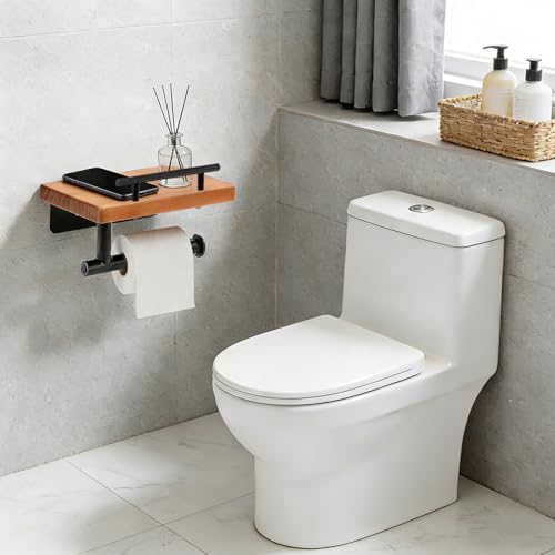 Toilet Paper Holder with Wood Shelf, Wall Mount Toilet Paper Roll Holder with Wooden Shelf and Matte Black Stainless Steel Pipe, Tissue Roll Holder for Bathroom Washroom (Light Brown, 7.9'' x 5.9'') - Image 6
