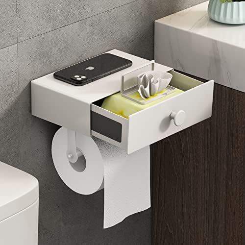 VOLDRA Toilet Paper Holder with Shelf White Wipes Dispenser for Bathroom Toilet Paper Holder with Storage Upgrade Drawer Design Toilet Tissue Holder Adhesive Small Bathroom Shelf Wall Mount by VOLDRA