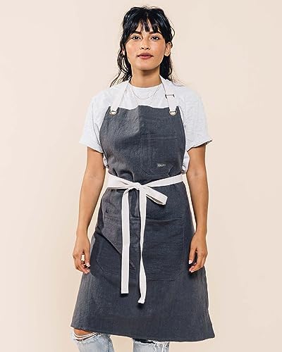 Caldo Linen Kitchen Apron for Cooking- Mens and Womens Linen Bib Apron for Professional Chef, Server, or Barista - Adjustable with Pockets (Slate) - Image 2