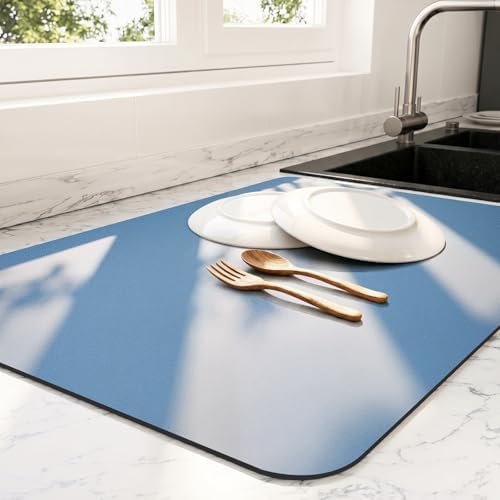 Ecotrim - Dish Drying Mat for Kitchen Counter | Coffee Bar Mat for Countertops | Heat Resistant Drainer Mat with Non-slip Rubber Backed | Hide Stain Kitchen Absorbent Draining Mat | Blue 16"x20" by Unknown
