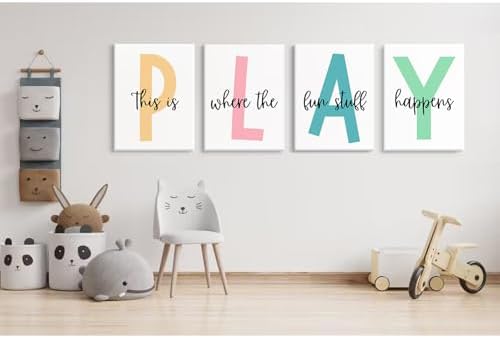 Baccone Kids Playroom Wall Art Playroom Wall Decor Kids Play Canvas Wall Art Play Sign Pictures Toddler Playroom Art Prints Nursery Children Artwork for Room Bedroom Set of 4 12x16 Inch Ready to Hang - Image 6