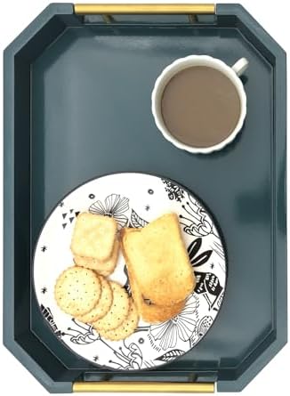 Serving Tray with Polished Metal Handles, Hexagon Coffee Table Tray, Modern Rectangle Decorative Tray, Large Ottoman Tray, Perfect for Storage and Display (Teal Rectangle) - Image 5