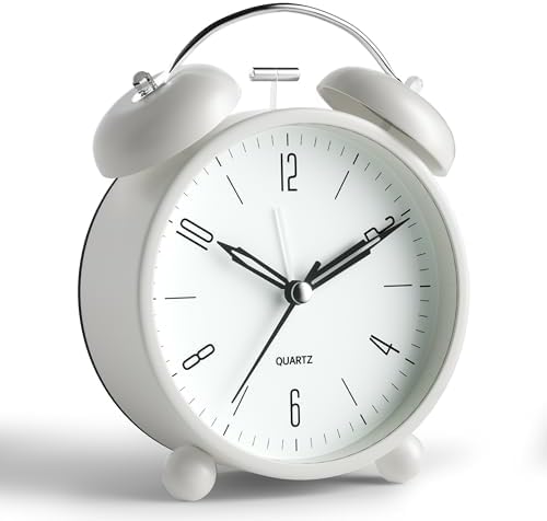 Twin Bell Loud Alarm Analog Alarm Clock, 4 inch Super Silent Non Ticking Small Clock with Night Light, Battery Operated, Simple Design, Old Fashioned, for Heavy Sleeper, Bedroom, Bedside, Desk, White by JALL