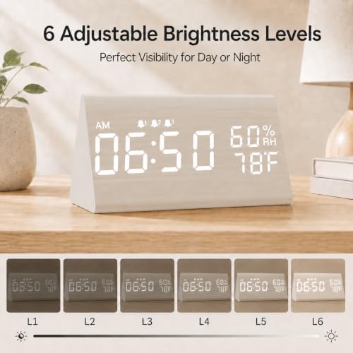JALL Wooden Digital Alarm Clock for Bedrooms and Office, 3 Alarms with Big Digits, Humidity and Temperature Display, 6-Level Dimmer, Snooze, Loud Desk Clock for Heavy Sleepers, Plug in (White) - Image 3